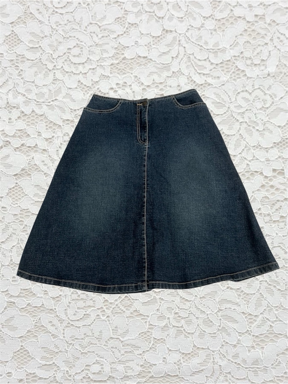 vintage dark wash denim midi skirt